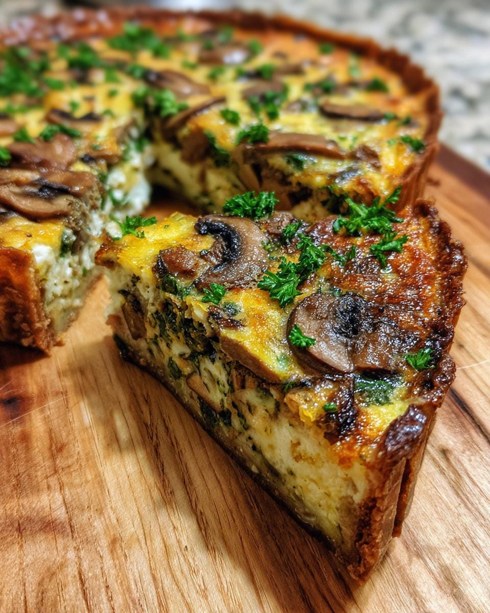 A slice of delicious Quiche mit Pilzen und Petersilie, showcasing mushrooms and parsley.
