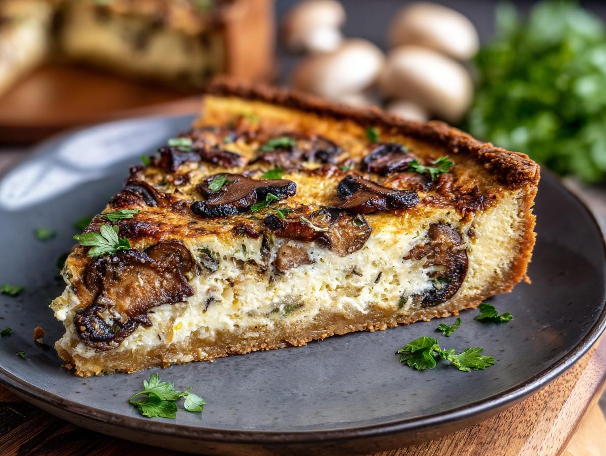 A slice of Quiche mit Pilzen und Petersilie, showcasing mushrooms and parsley on a flaky crust.