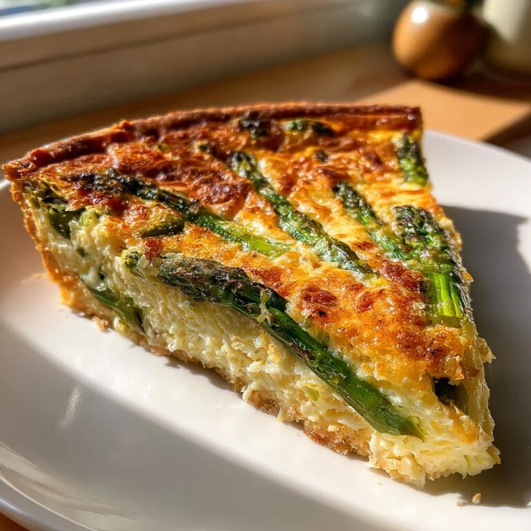 A slice of Quiche mit Spargel und Parmesan on a white plate, showcasing the asparagus and golden crust.