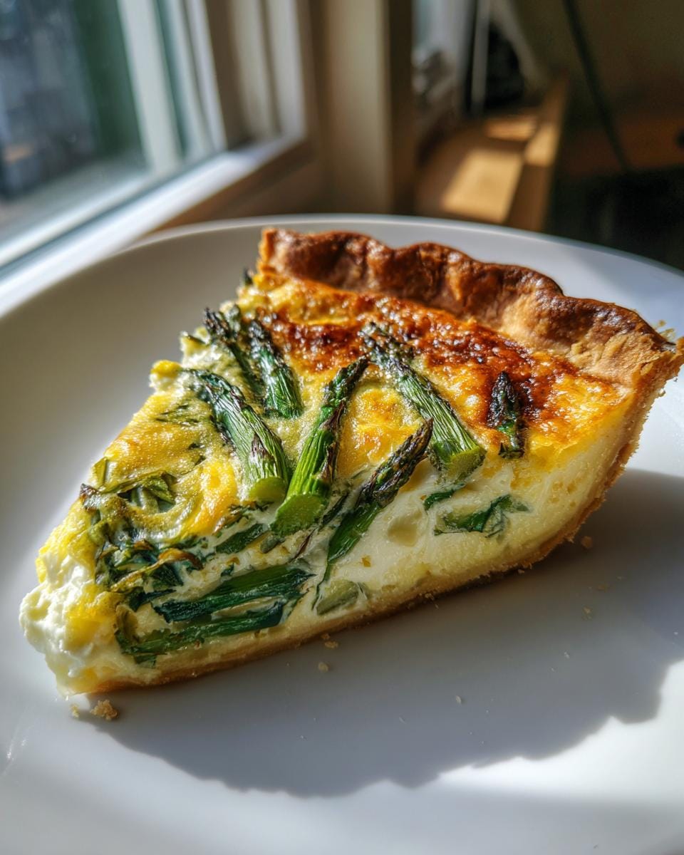 A slice of Quiche mit Spargel und Parmesan on a white plate, showcasing asparagus and a golden crust.
