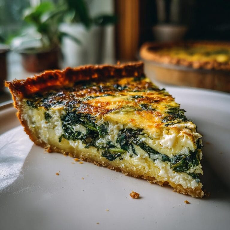 A slice of Quiche mit Spinat und Feta, showcasing the spinach, feta, and golden crust.