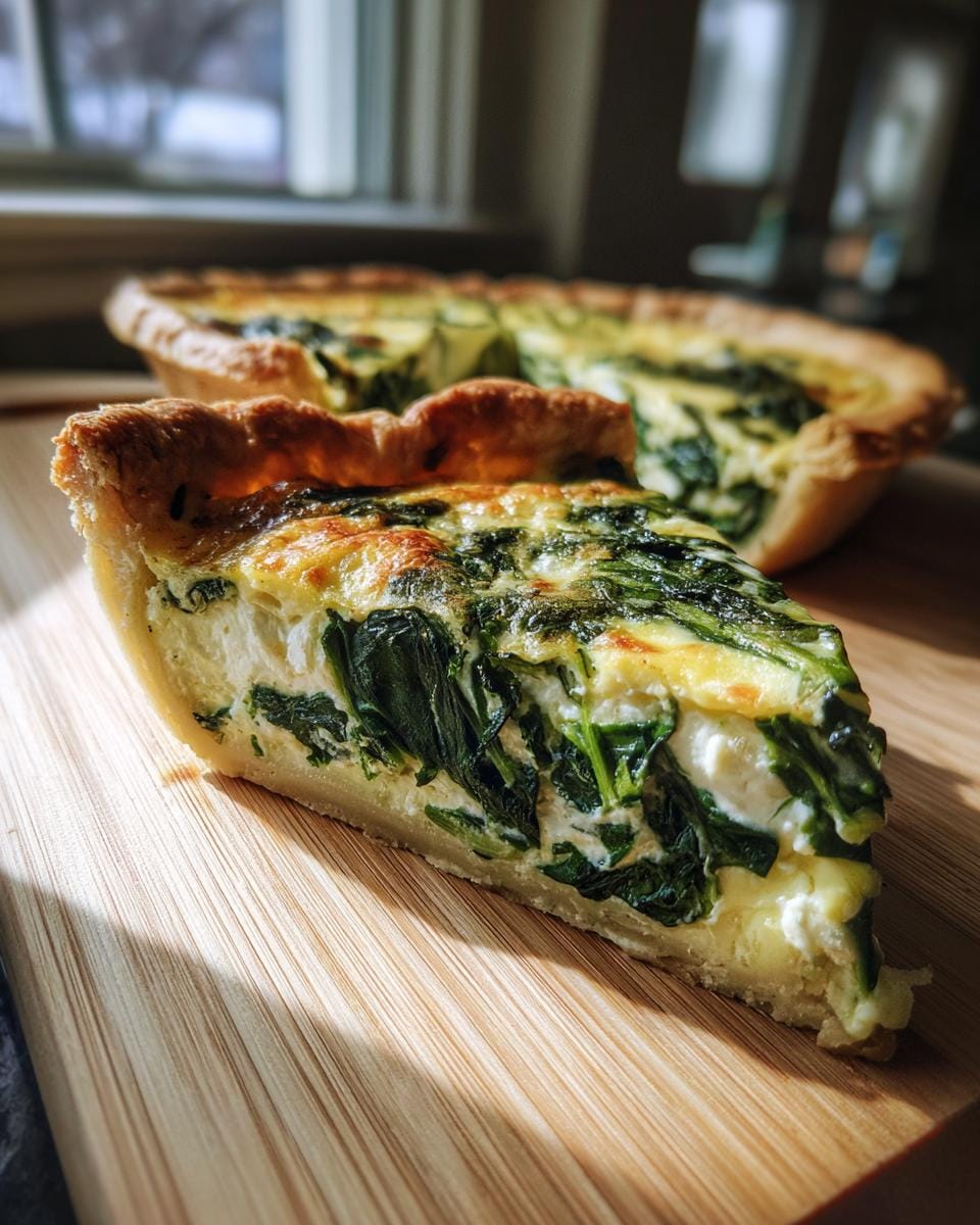 A slice of Quiche mit Spinat und Feta, showing spinach and feta filling in a flaky crust.