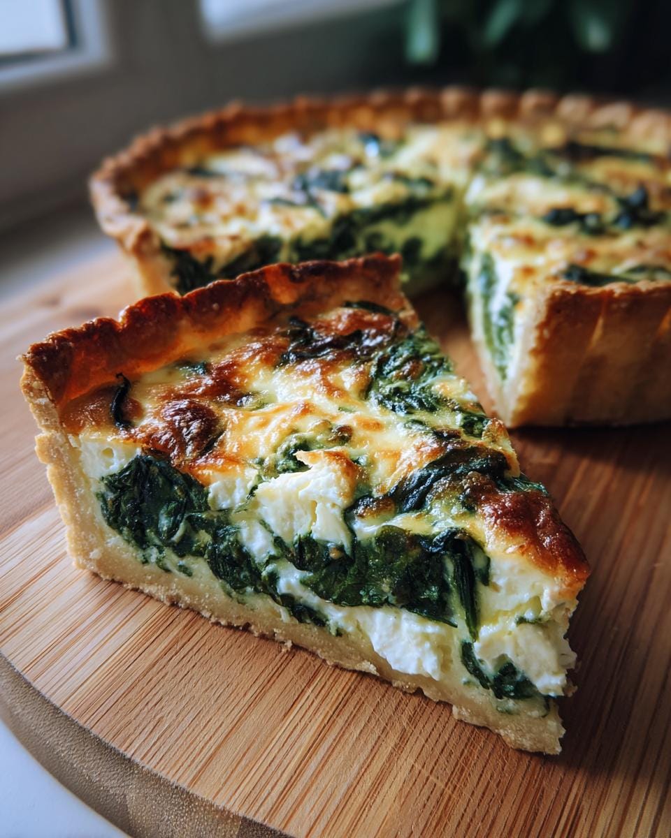 A slice of delicious Quiche mit Spinat und Feta on a wooden board, with the rest of the quiche in the background.