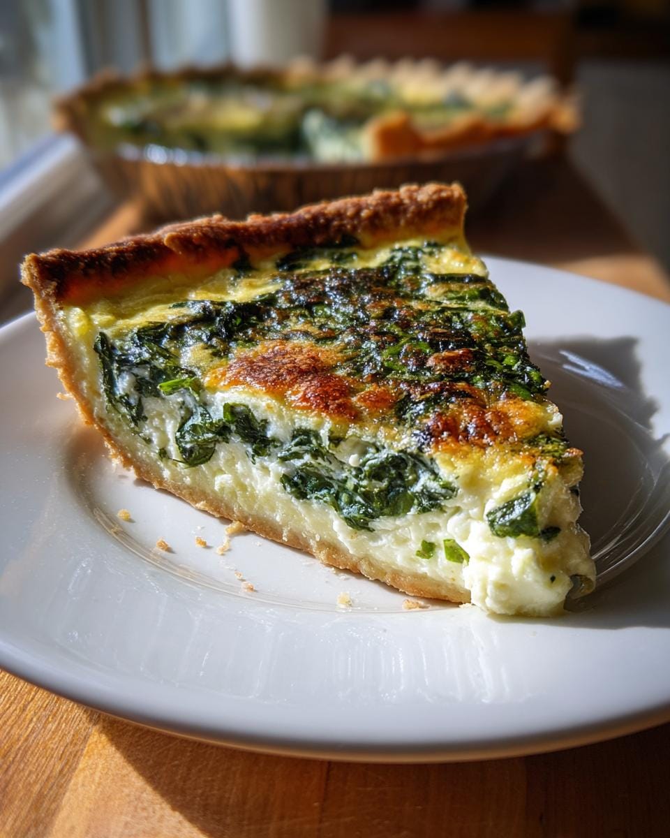 A slice of Quiche mit Spinat und Feta on a white plate, showcasing the spinach and feta filling.