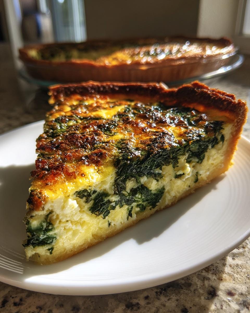 A slice of Quiche mit Spinat und Feta on a white plate, showcasing the spinach and feta filling.