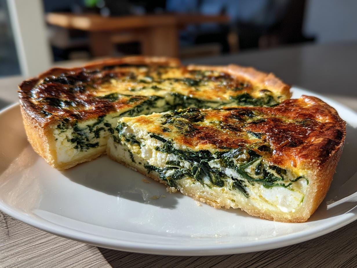 A slice of Quiche mit Spinat und Feta on a white plate, showcasing the spinach and feta filling.