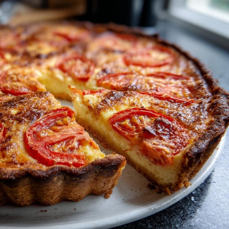 Close-up of a freshly baked Quiche mit Tomaten, featuring sliced tomatoes and a golden crust.
