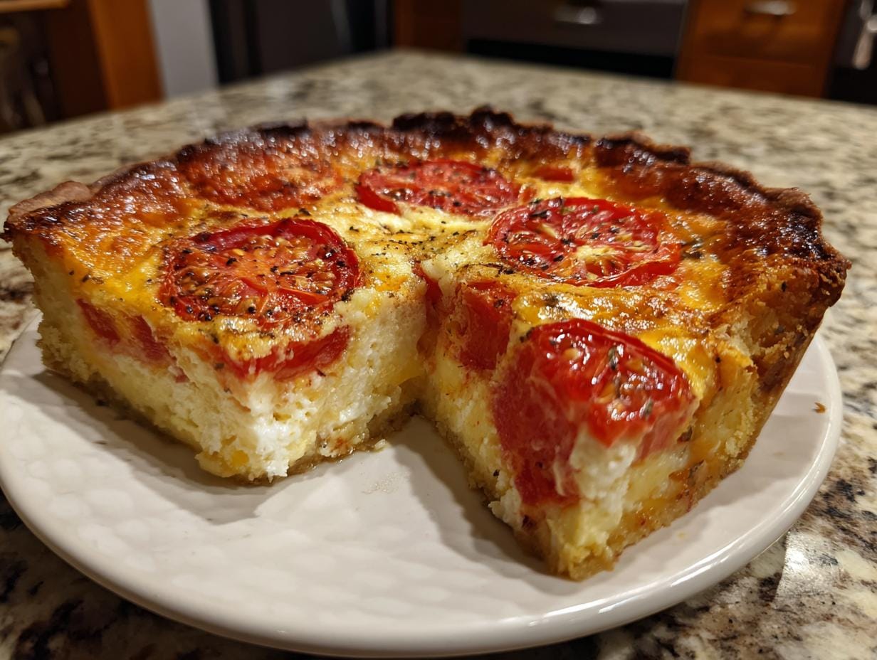 Delicious Quiche mit Tomaten, featuring a golden crust and juicy tomato topping.