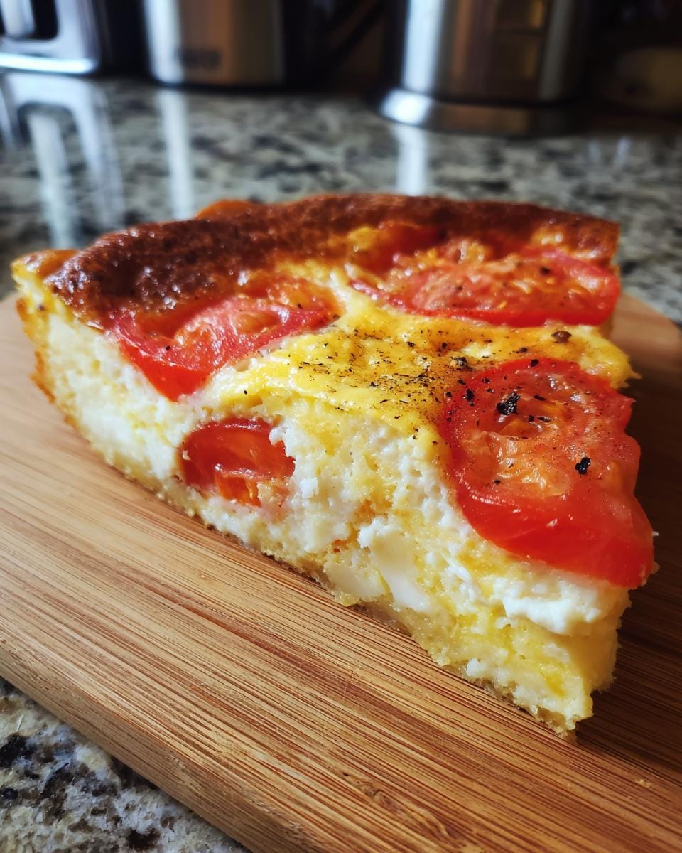 A slice of Quiche mit Tomaten with a golden crust and tomato topping on a wooden cutting board.
