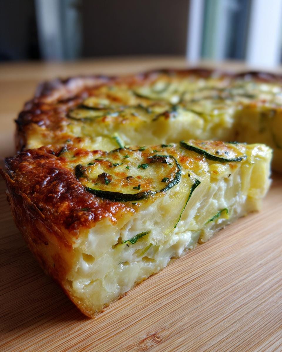 A slice of Quiche mit Zucchini und Mozzarella on a wooden board, showcasing the layers of zucchini and cheese.