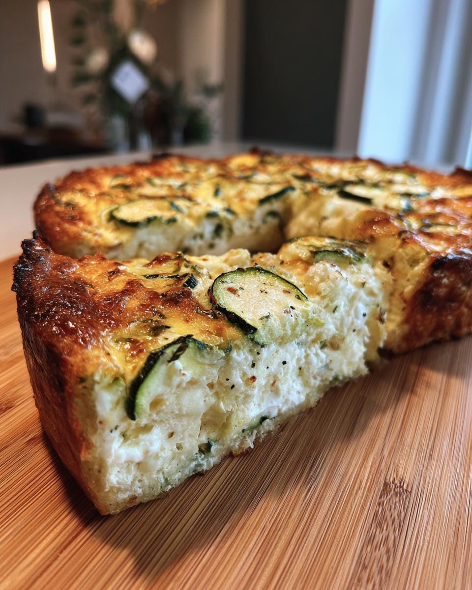 A slice of Quiche mit Zucchini und Mozzarella on a wooden board, showcasing the zucchini and creamy filling.