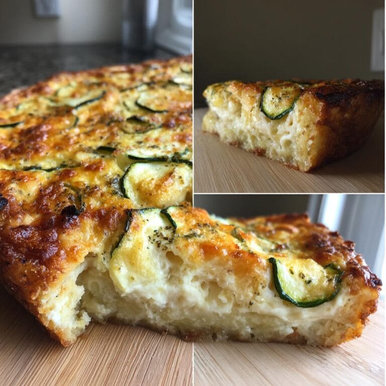 A delicious slice of Quiche mit Zucchini und Mozzarella, showcasing the creamy filling and zucchini topping.