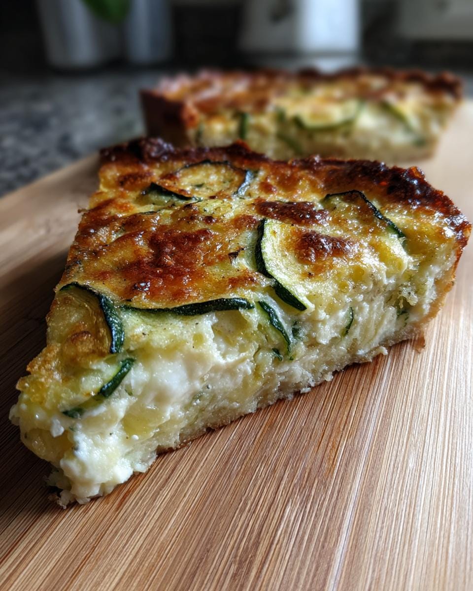 A slice of homemade Quiche mit Zucchini und Mozzarella on a wooden board, showing the zucchini and cheese filling.