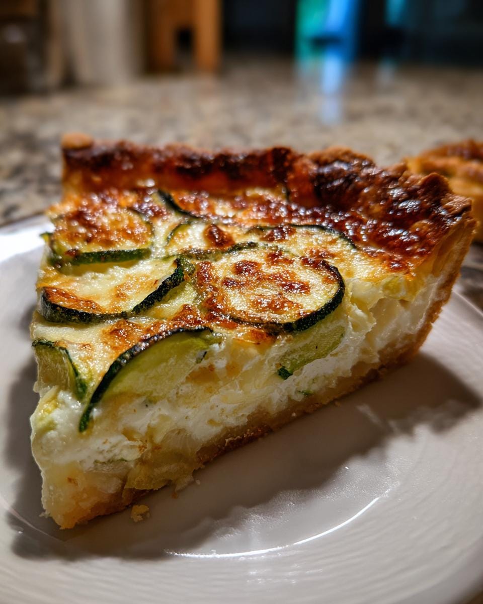 A slice of Quiche mit Zucchini und Mozzarella on a white plate, showcasing the zucchini topping.