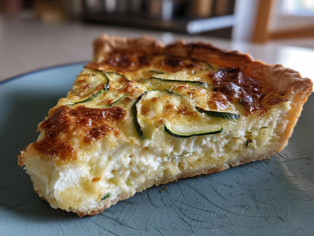 A slice of Quiche mit Zucchini und Mozzarella on a plate, showing the crust, filling, and zucchini topping.