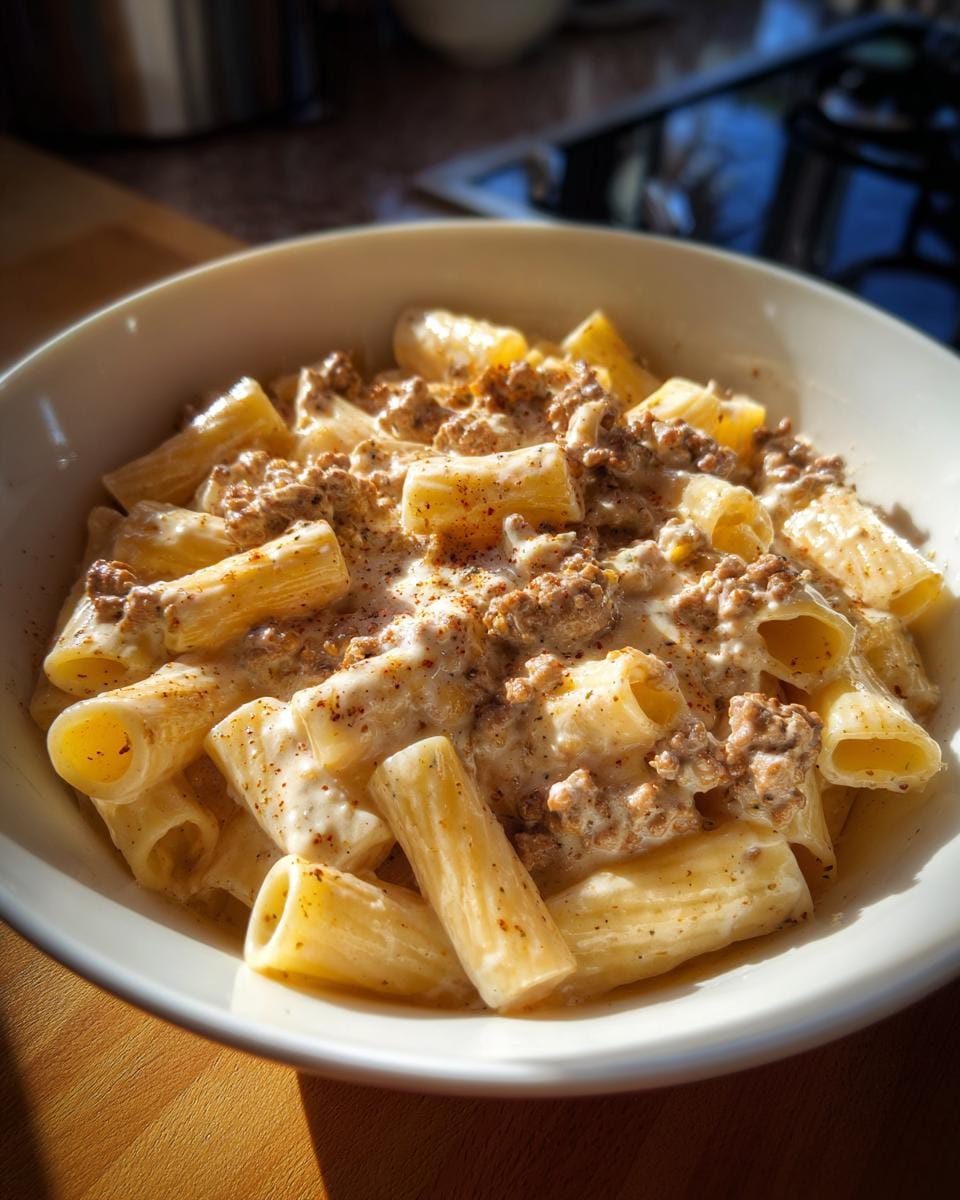 A bowl of Rigatoni in Hack-Feta-Creme, a creamy German pasta dish with ground meat and feta.