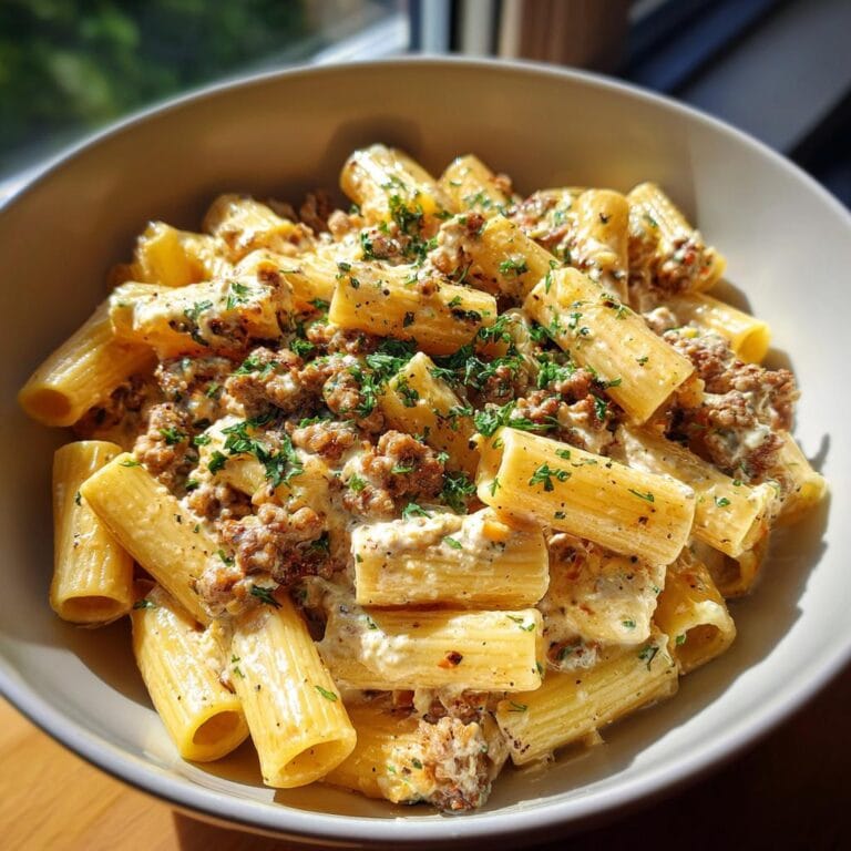 Close-up of Rigatoni in Hack-Feta-Creme, a delicious pasta dish with creamy sauce and herbs.
