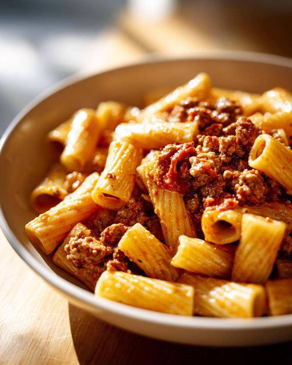 Close-up of a bowl of Rigatoni in Hack-Feta-Creme, a delicious pasta dish.