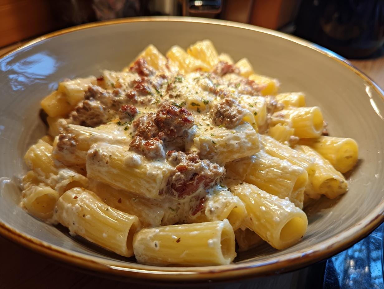 Bowl of Rigatoni in Hack-Feta-Creme, a delicious German pasta dish with creamy sauce and ground meat.