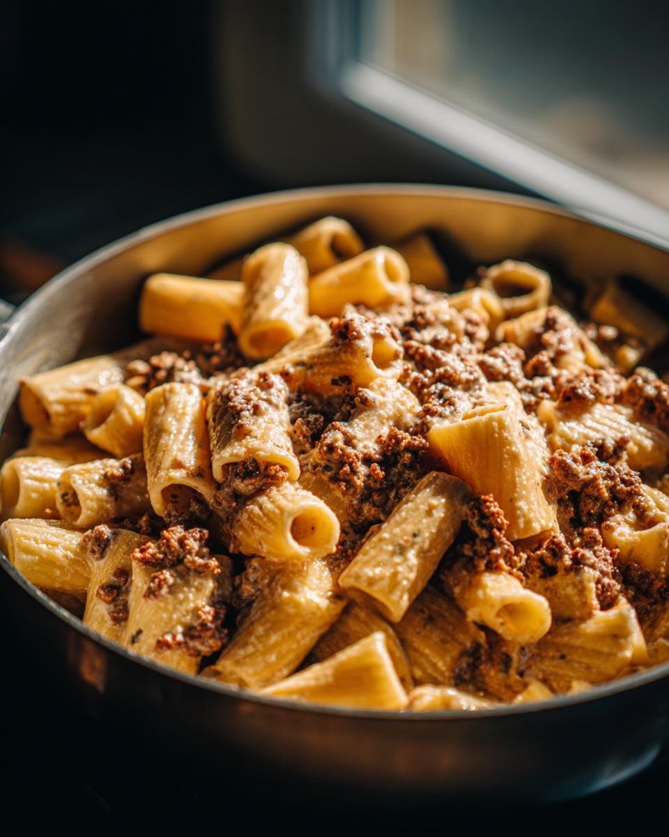 Close-up of Rigatoni in Hack-Feta-Creme served in a pan, ready to eat.