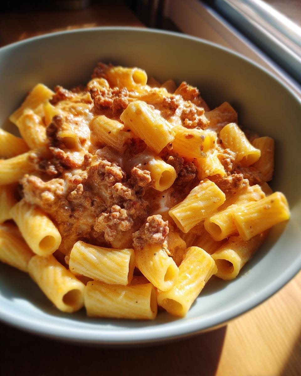 Nahaufnahme von Rigatoni in Hack-Feta-Creme, serviert in einer Schüssel.