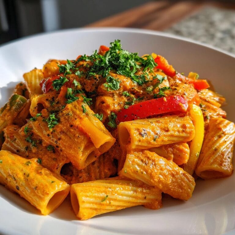 Nahaufnahme von Rigatoni mit Paprika-Sahne-Soße, garniert mit Petersilie in einer weißen Schüssel.