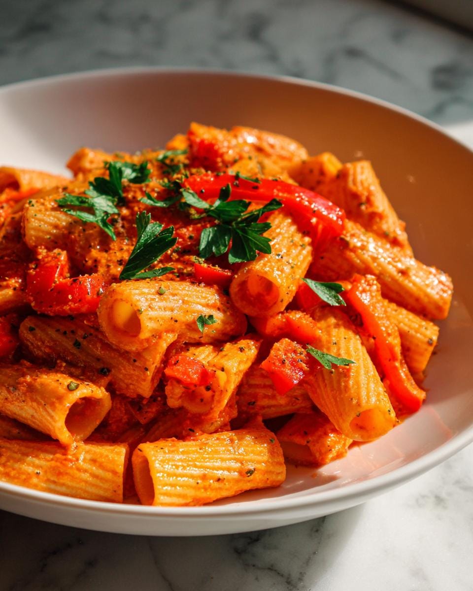 Nahaufnahme von Rigatoni mit Paprika-Sahne-Soße, serviert in einer weißen Schüssel und mit frischer Petersilie garniert.