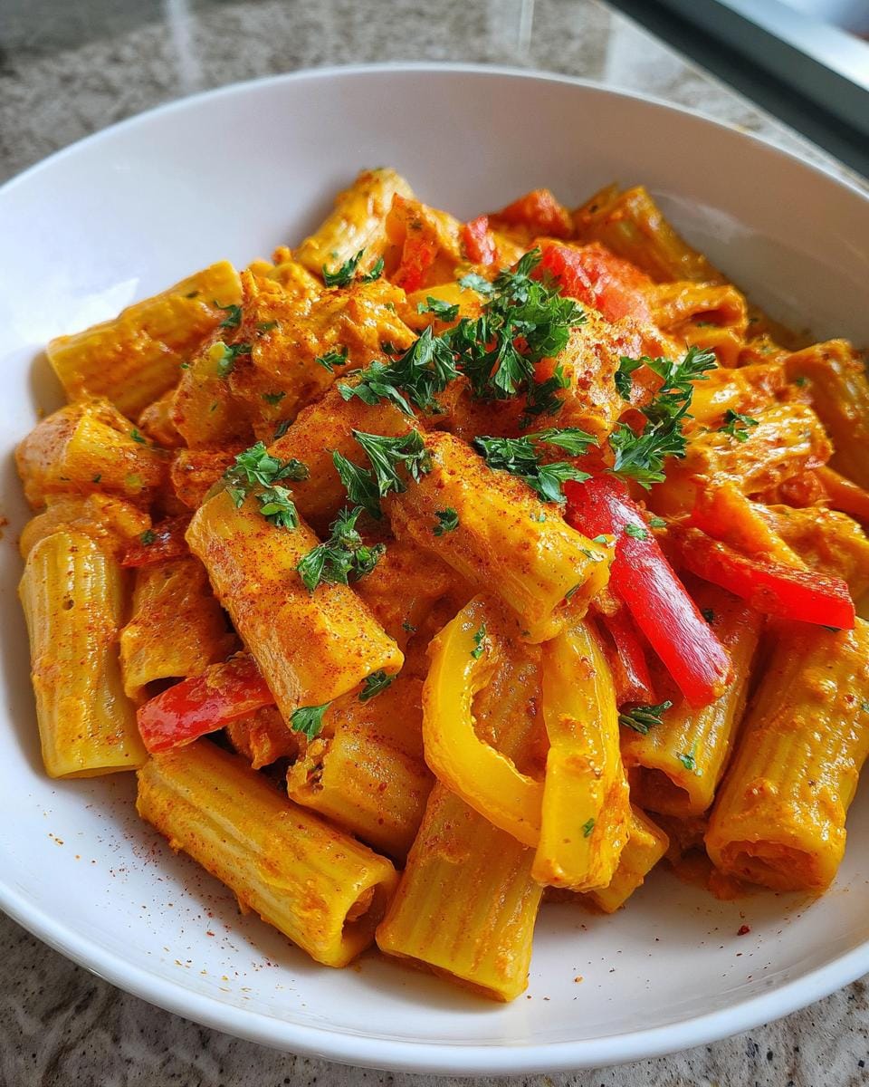 Close-up of Rigatoni mit Paprika-Sahne-Soße in a white bowl, garnished with parsley.