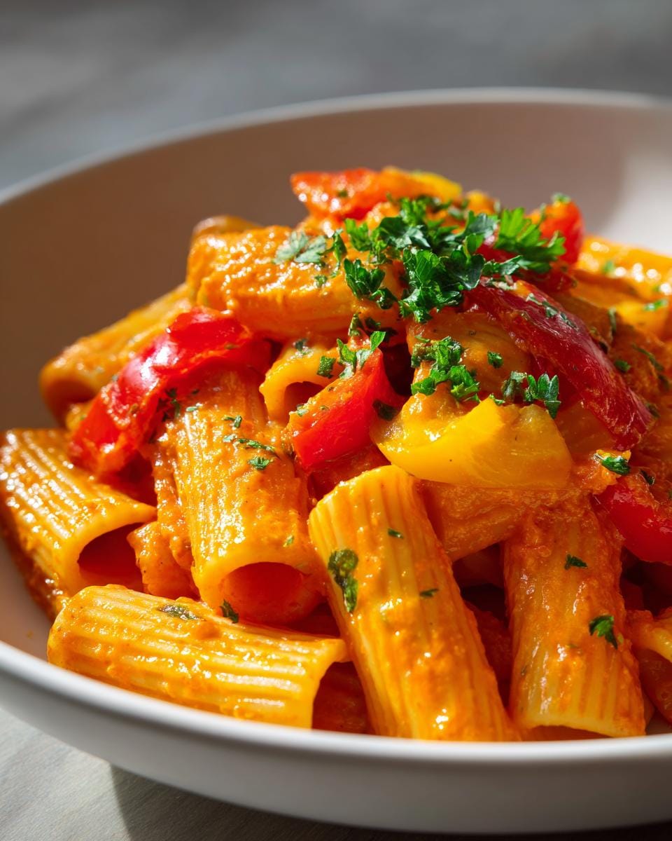 Close-up of Rigatoni mit Paprika-Sahne-Soße in a white bowl, garnished with fresh parsley.