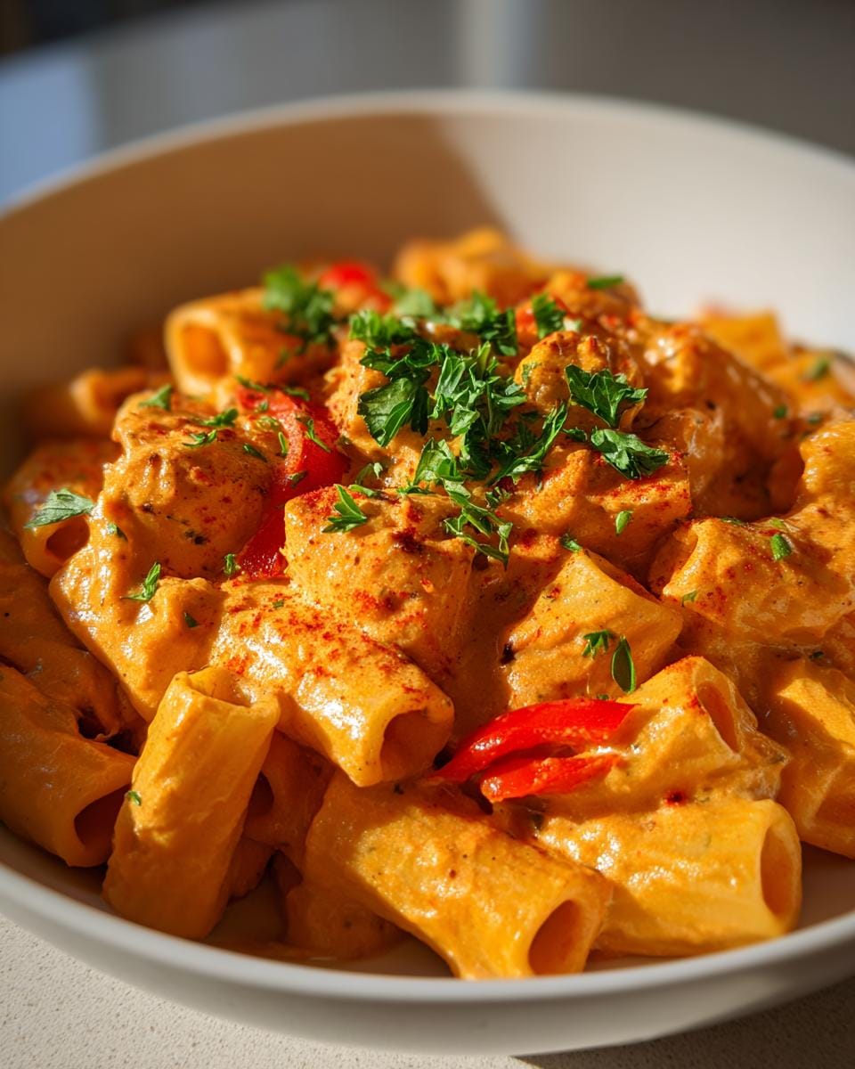 Close-up of Rigatoni mit Paprika-Sahne-Soße in a white bowl, garnished with parsley and paprika.