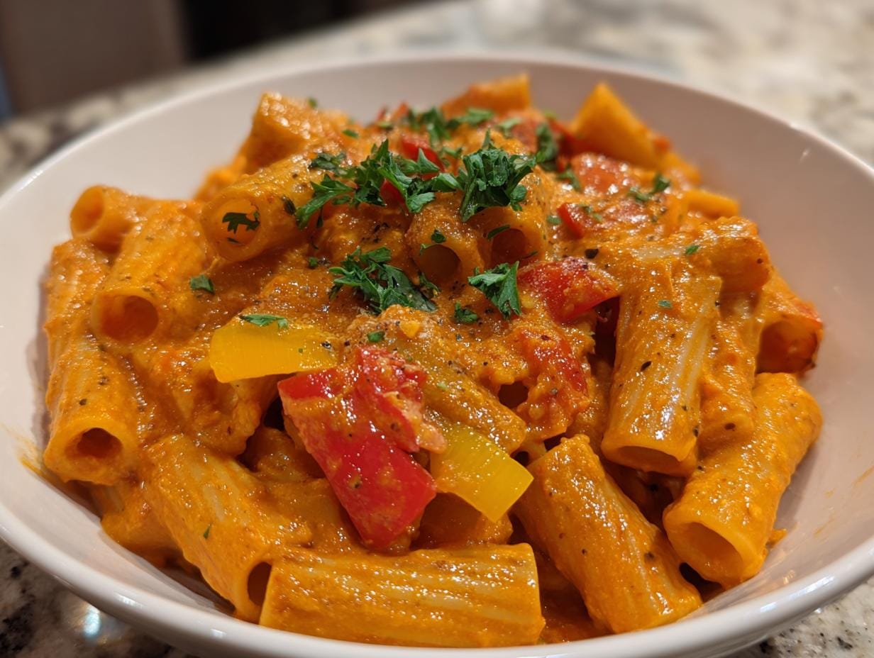 Close-up of Rigatoni mit Paprika-Sahne-Soße in a white bowl, garnished with fresh parsley.