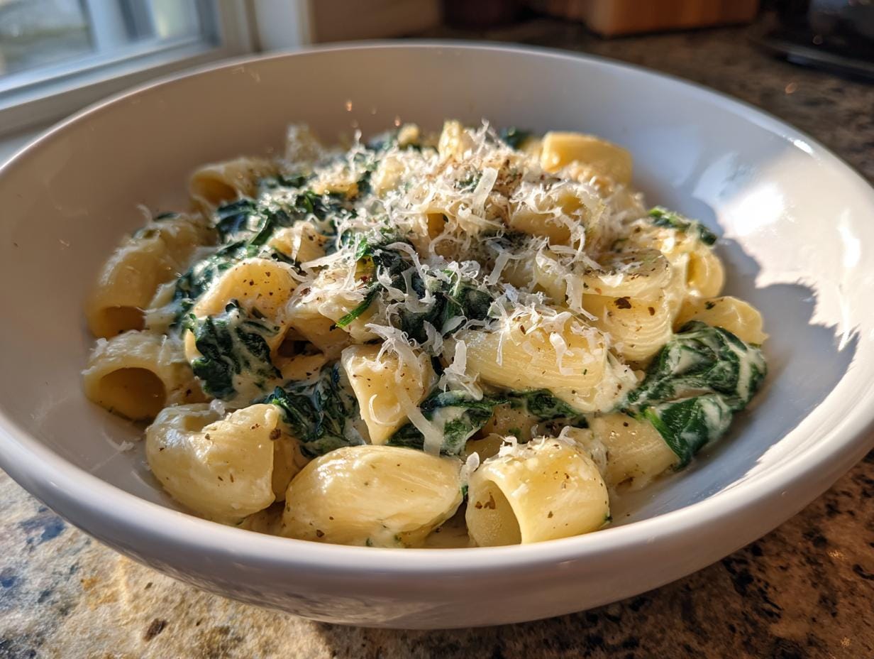A bowl of Rigatoni mit Spinat-Sahne und Parmesan, a delicious German pasta dish with spinach and cream.