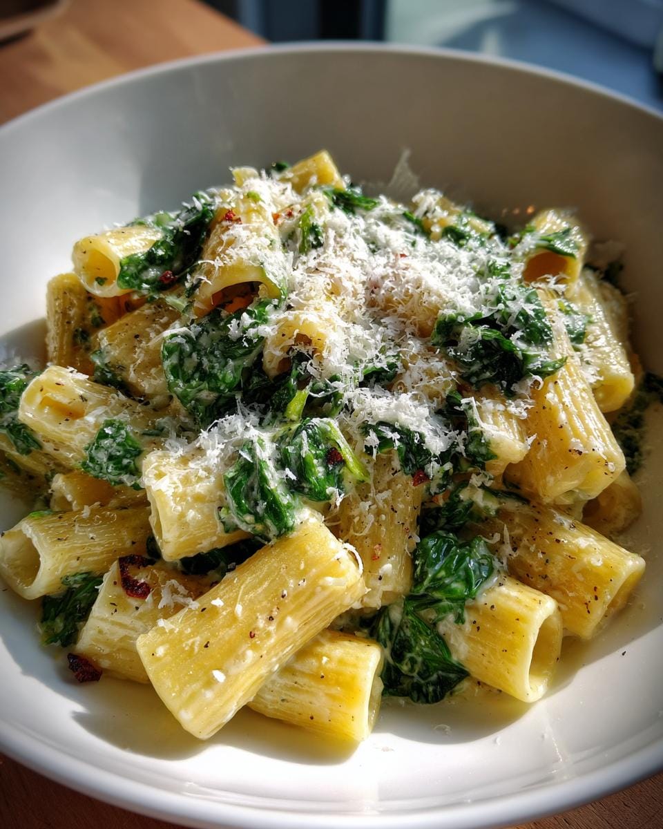 Rigatoni mit Spinat-Sahne und Parmesan, serviert in einer weißen Schüssel, bestreut mit Parmesan.
