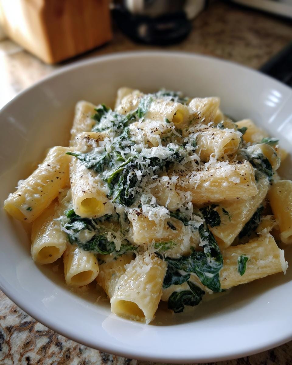 A bowl of Rigatoni mit Spinat-Sahne und Parmesan, showing creamy sauce and spinach.