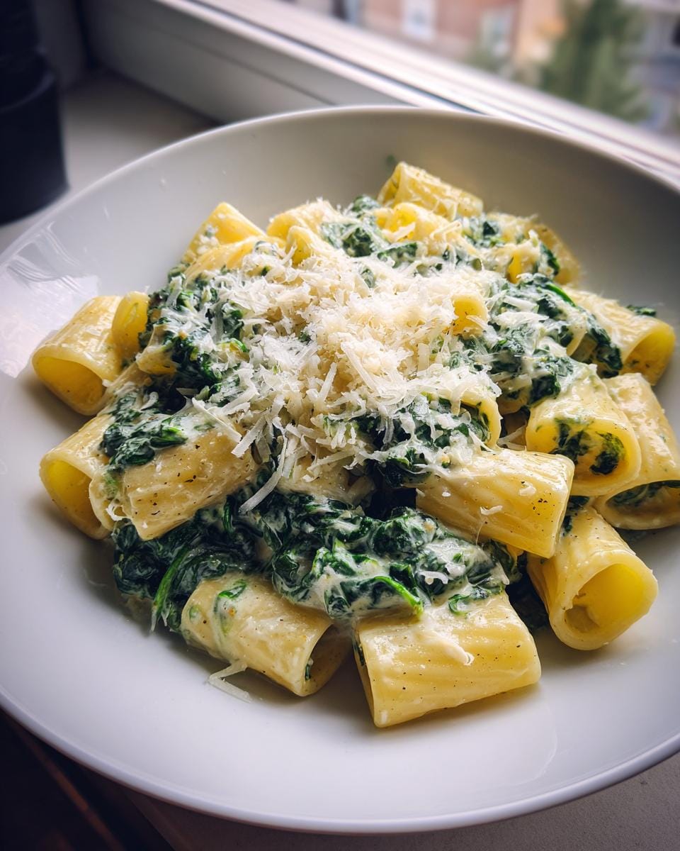 Close-up of Rigatoni mit Spinat-Sahne und Parmesan in a white bowl, showcasing the creamy sauce and grated cheese.