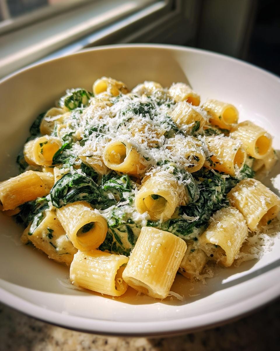 Close-up of Rigatoni mit Spinat-Sahne und Parmesan in a white bowl, topped with grated Parmesan cheese.