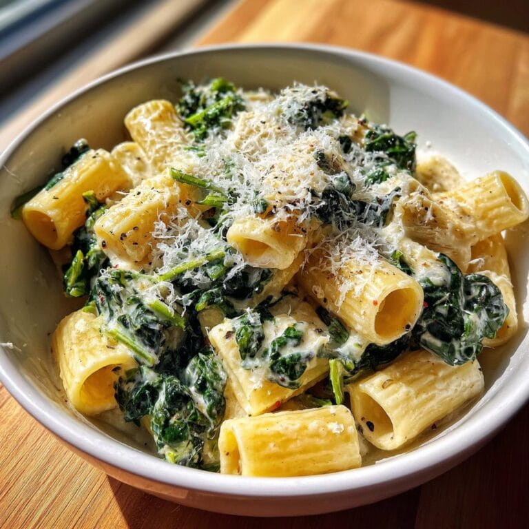 Nahaufnahme von Rigatoni mit Spinat-Sahne und Parmesan in einer weißen Schüssel, servierfertig.