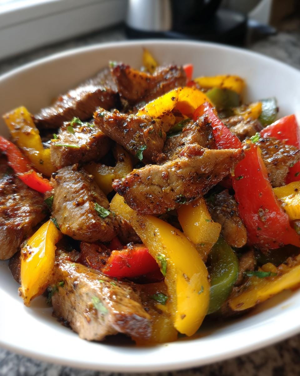 Close-up of Rinderstreifen-Salat mit Paprika in a white bowl, featuring beef strips and colorful bell peppers.
