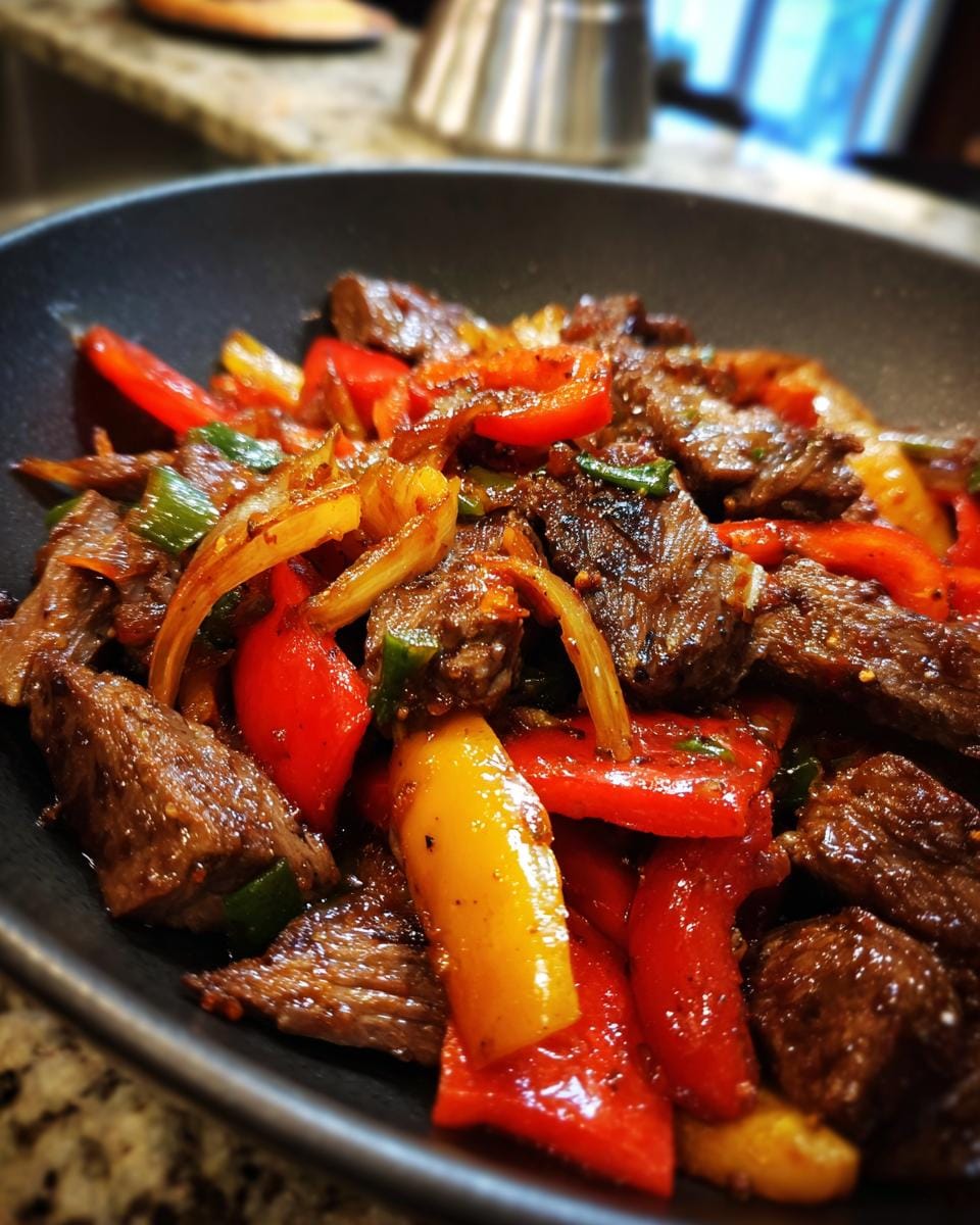 Nahaufnahme von Rinderstreifen-Salat mit Paprika in einer schwarzen Schüssel, servierfertig.