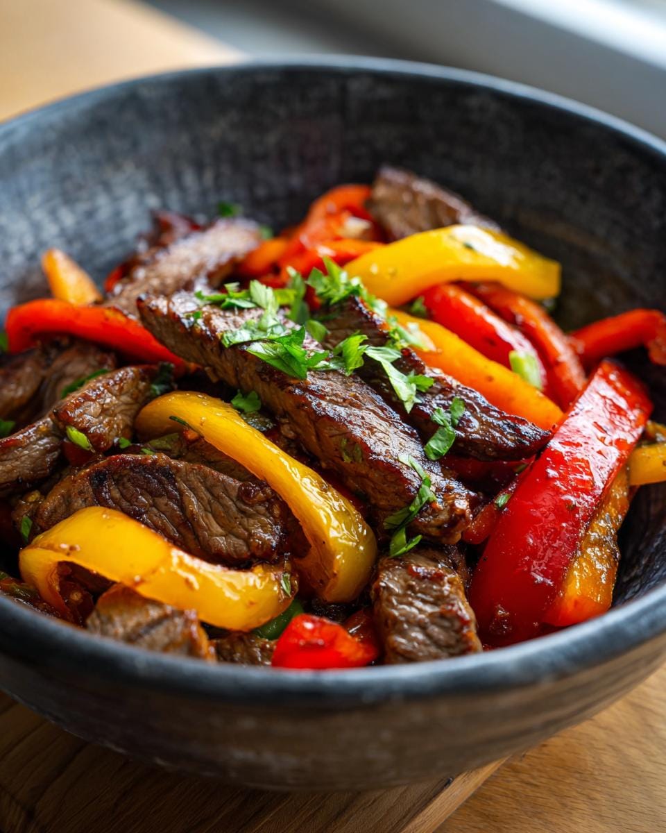Bowl of Rinderstreifen-Salat mit Paprika, featuring beef strips and colorful bell peppers.
