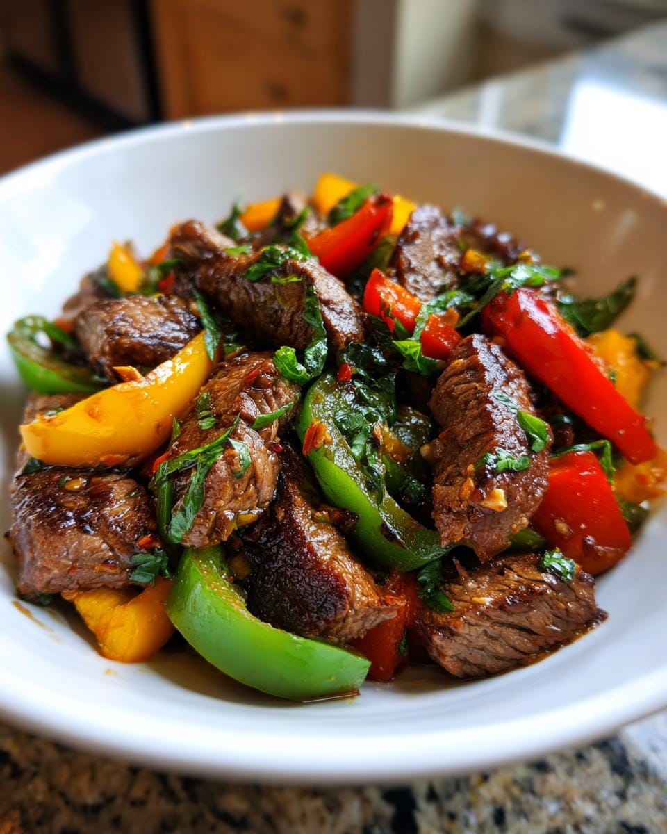 Close-up of Rinderstreifen-Salat mit Paprika in a white bowl, showing beef strips and colorful bell peppers.