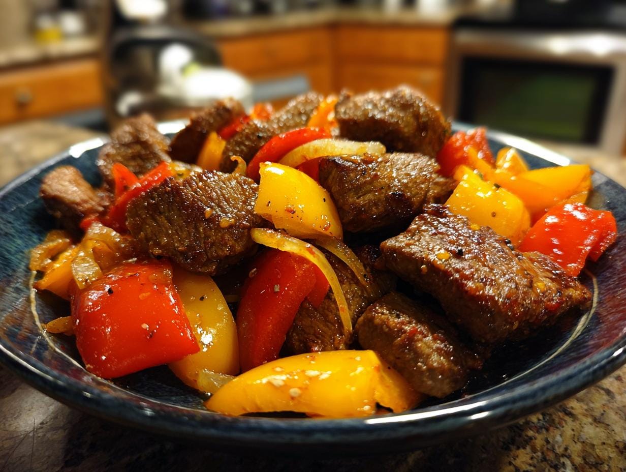 Close-up of Rinderstreifen-Salat mit Paprika, featuring beef strips and colorful bell peppers.