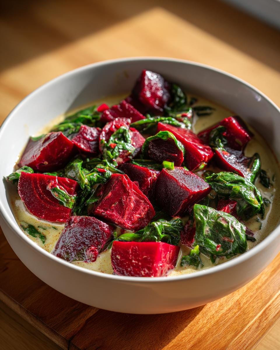 Close-up of a bowl of Rote-Bete-Curry mit Spinat, featuring beets and spinach in a creamy curry sauce.