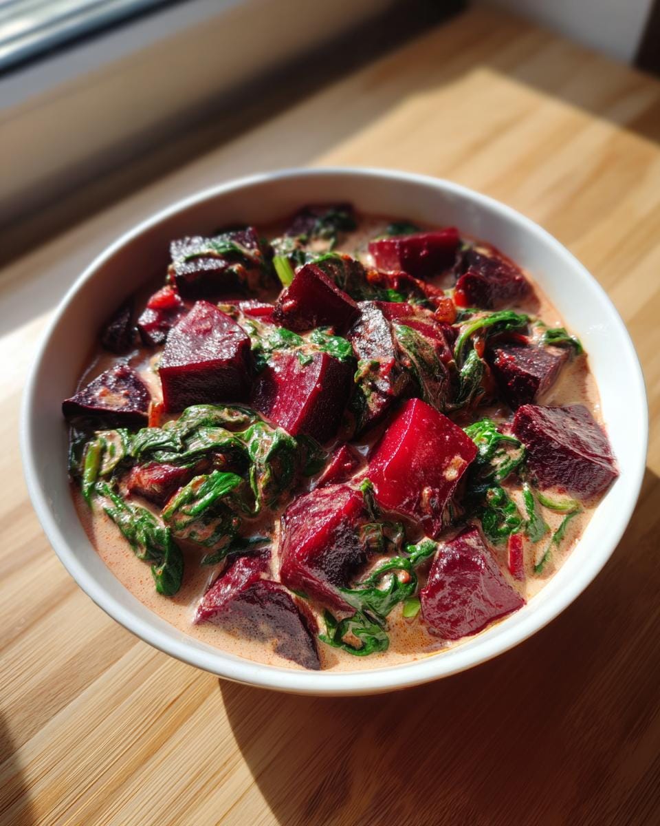 Close-up of Rote-Bete-Curry mit Spinat (beetroot curry with spinach) in a white bowl on a wooden surface.