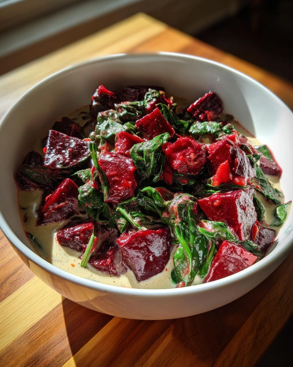 A bowl of vibrant Rote-Bete-Curry mit Spinat, showcasing the deep red beets and fresh green spinach.