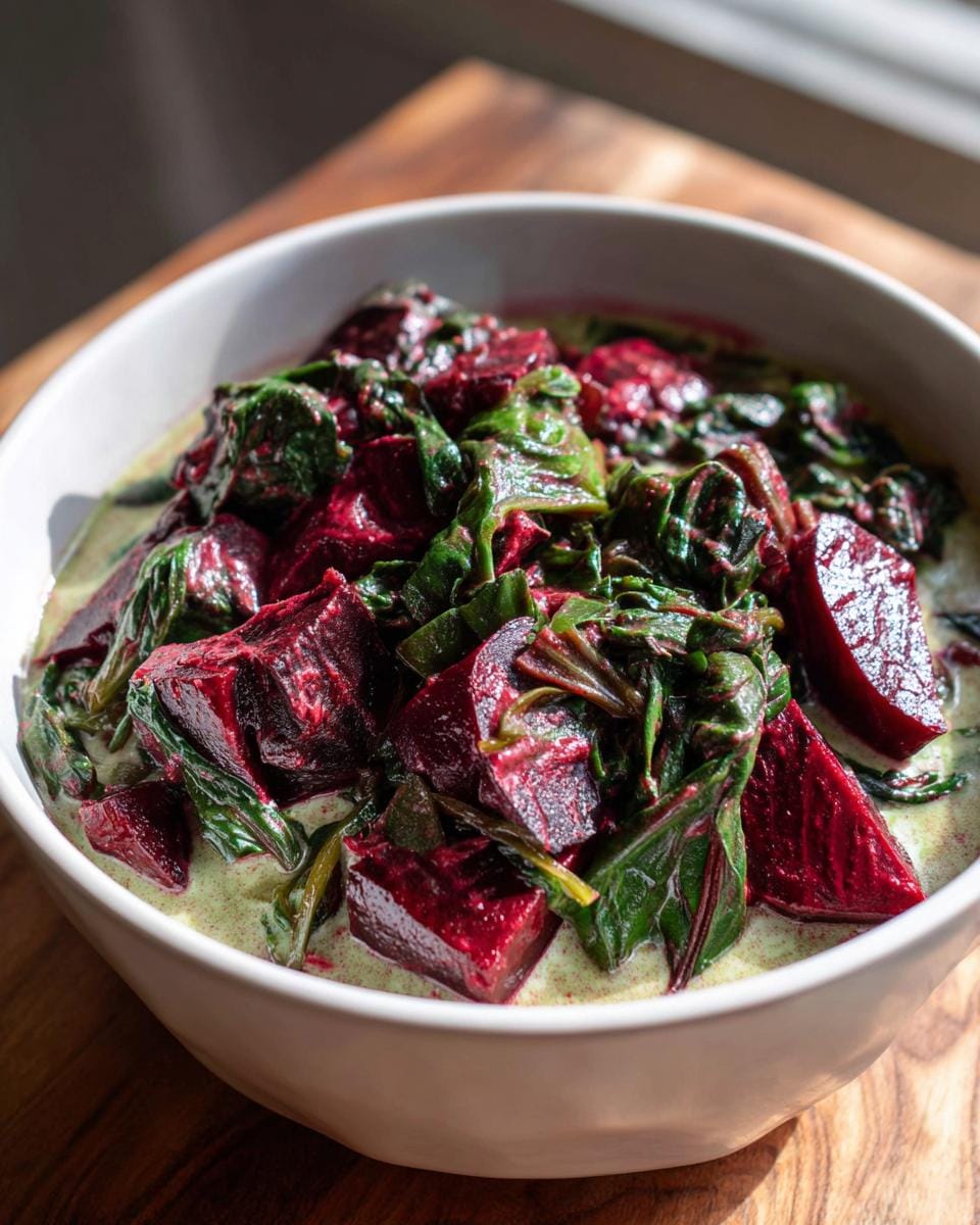 Close-up of Rote-Bete-Curry mit Spinat in a white bowl, showing beets and spinach in a creamy sauce.