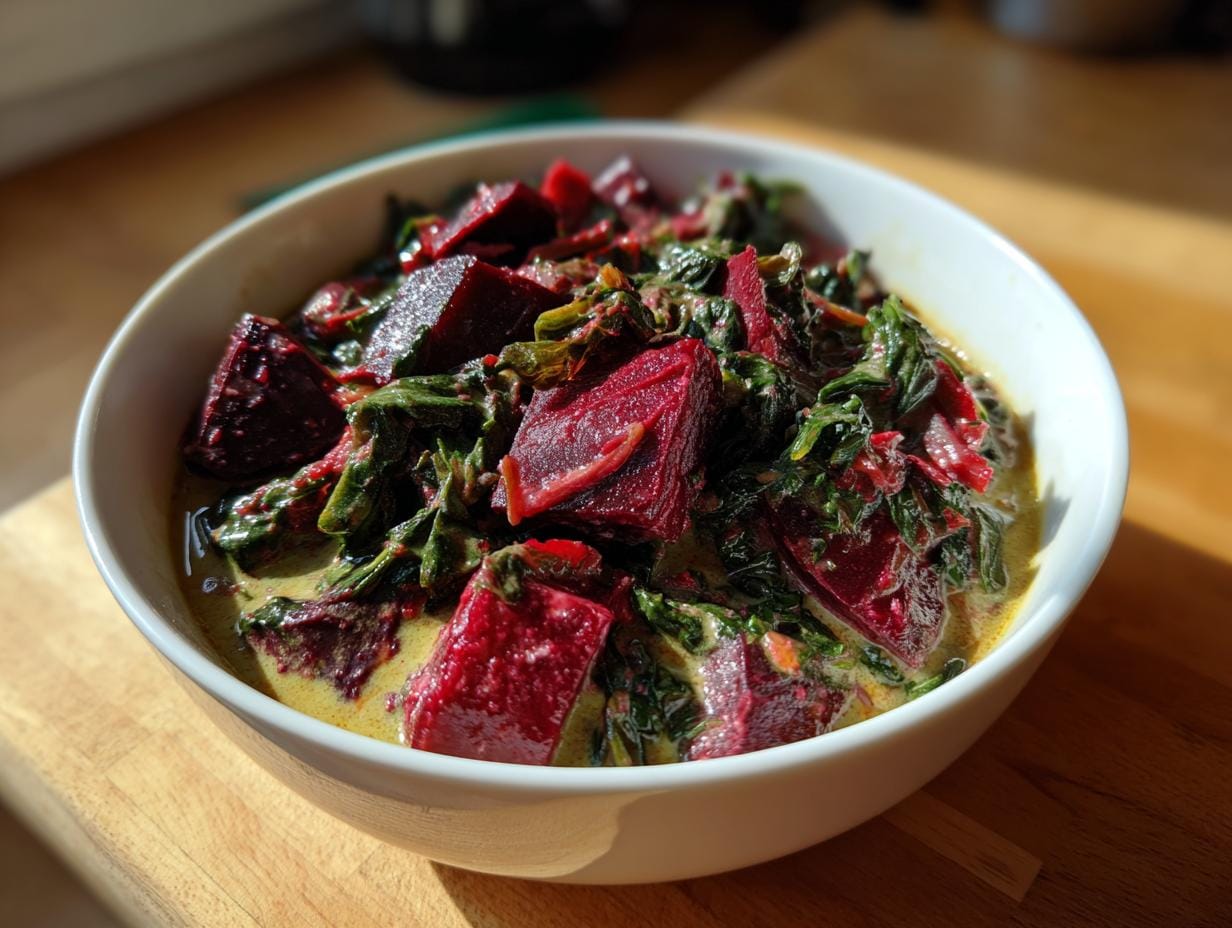 Bowl of Rote-Bete-Curry mit Spinat, featuring beets and spinach in a creamy curry sauce.
