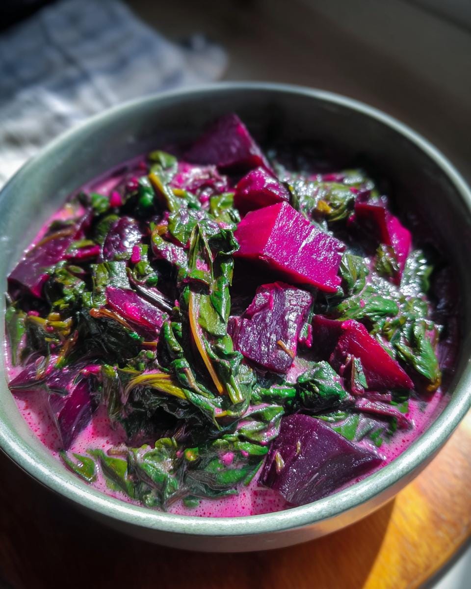 A bowl of vibrant Rote-Bete-Spinat-Curry featuring beets, spinach, and curry spices.