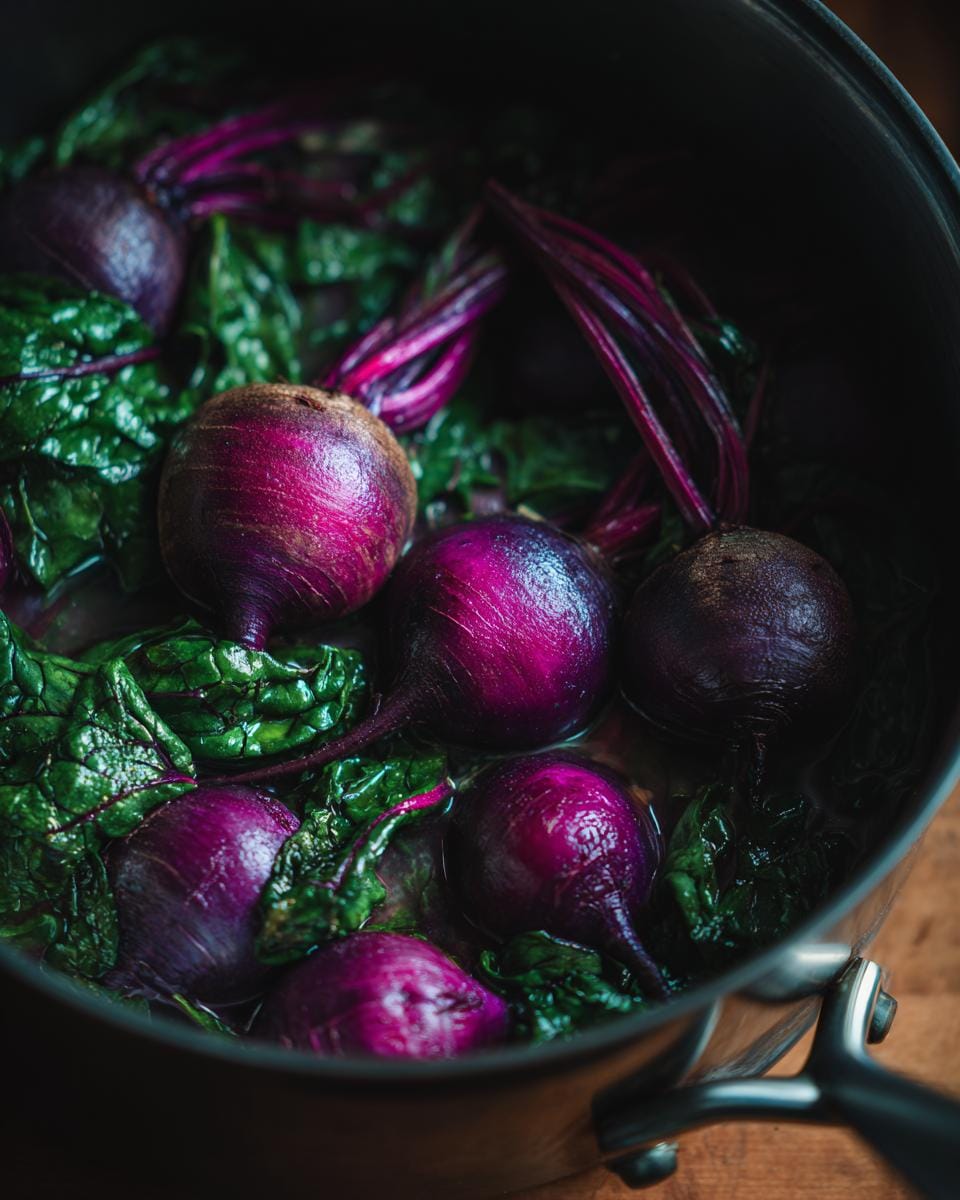 Fresh ingredients for Rote-Bete-Spinat-Curry in a pot: beets and spinach.