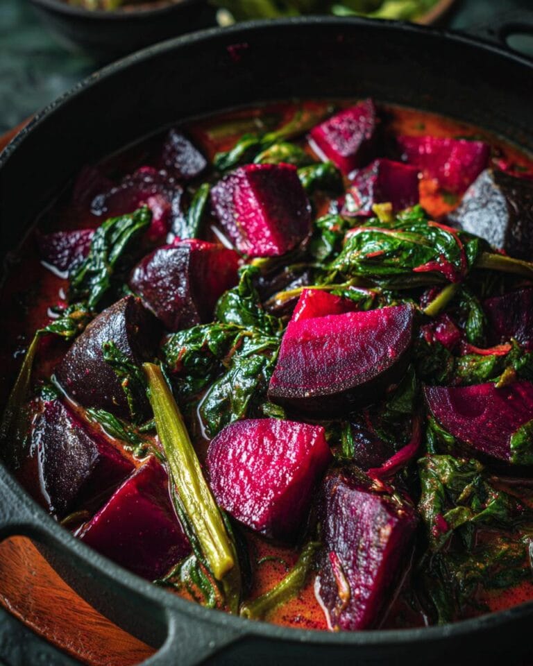 Close-up of vibrant Rote-Bete-Spinat-Curry with beets and spinach in a black pan.